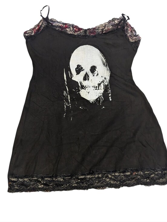 Skull Slip Dress w/Spaghetti, Lace Hem