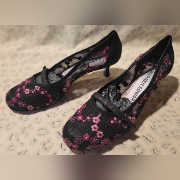 Warren Edwards Mesh Kitten Heels w/Floral Embroidery
