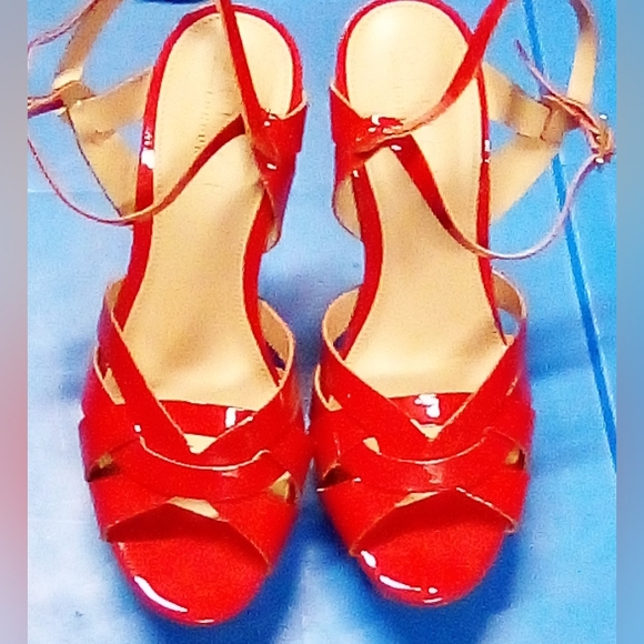 OFFICE LONDON Red Patent Leather Strappy Platform Sandals