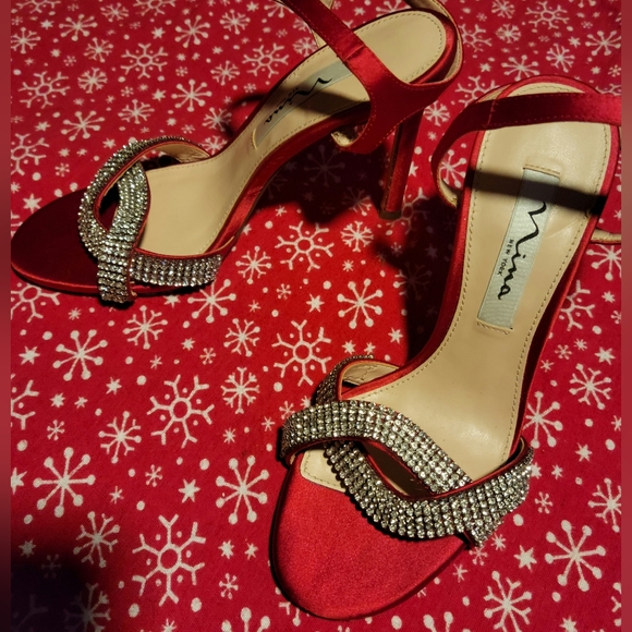 Nina New York Satin Heels with Rhinestone Embellished Toe Straps
